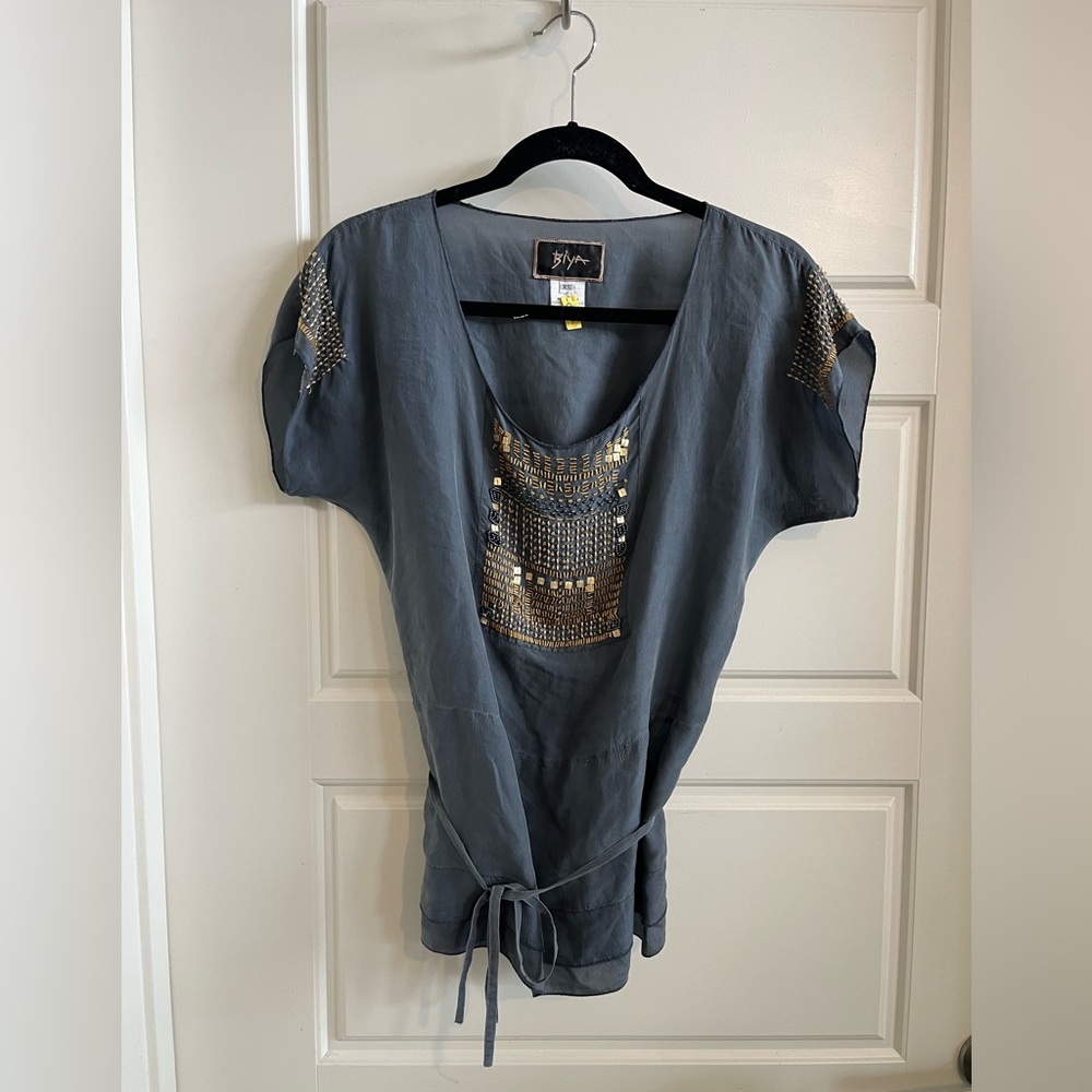 Johnny Was Biya Beaded Dolman Sleeve Silk Tunic with Tie Waist - XS